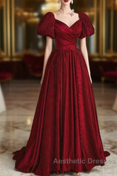 Wine Red Satin V-Neckline Short Sleeves Evening Prom Dresses, Wine Red Long Party Dresses